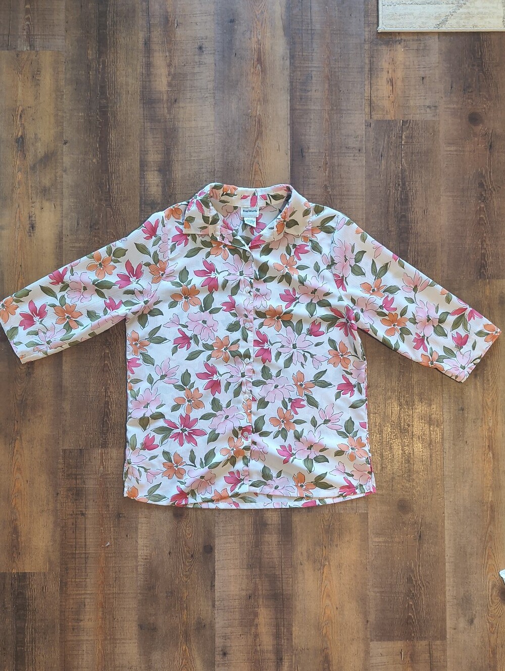 Bon Worth Multi Pink Orange Floral Collared Button-Down Blouse Office - Picture 2 of 8